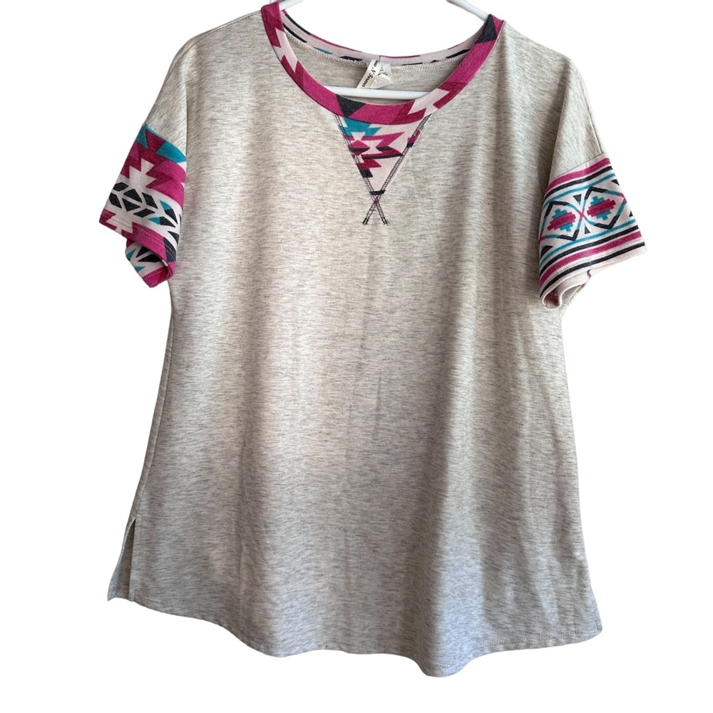 Now & Forever Soft grey shirt with pink sleeves large